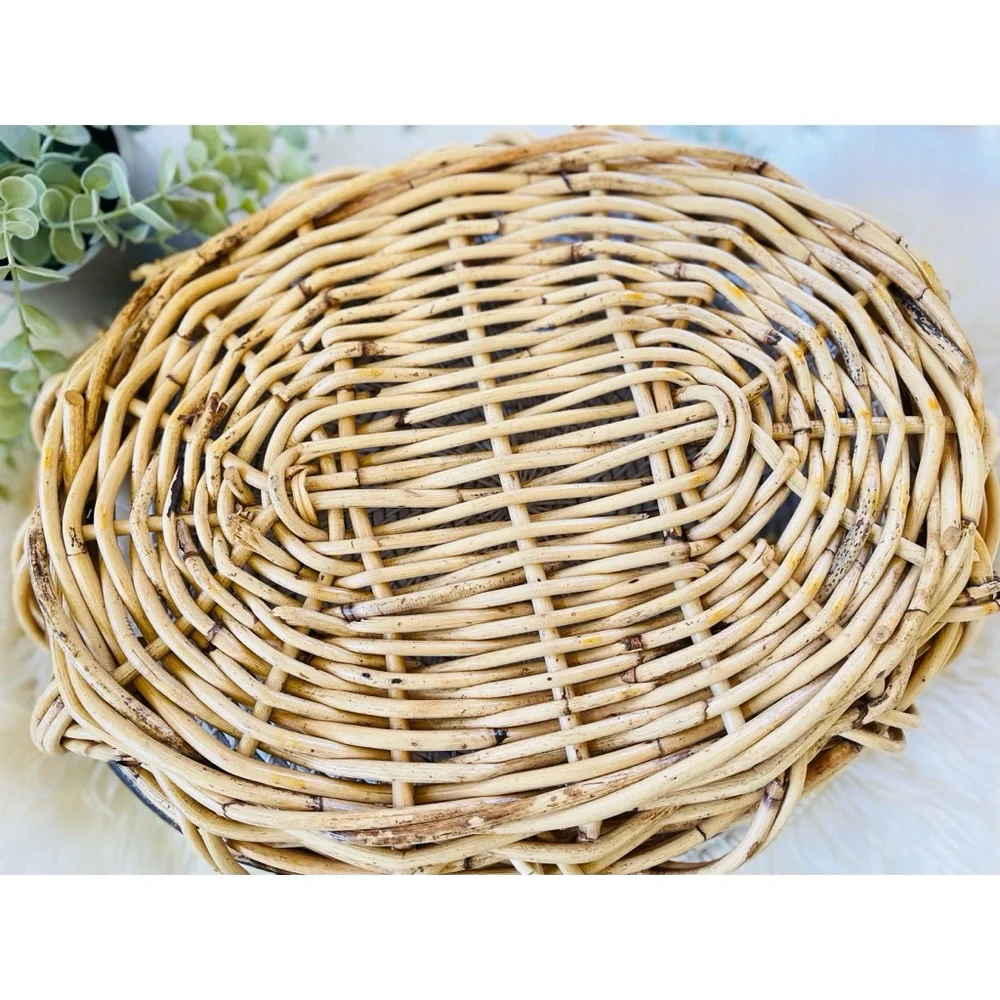 Woven Rattan Oval Basket With Handles Boho Cottage Fall Autumn Tabletop Decor